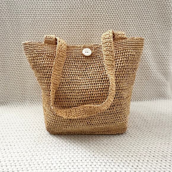 Annabel Ingall Australia Beige Tan Raffia Beach Shoulder Tote Capiz Shell Button - Picture 11 of 11